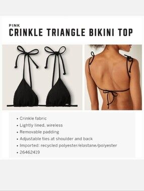 Victoria's secret pink crinkle black triangle bikini swim top BLACK LARGE